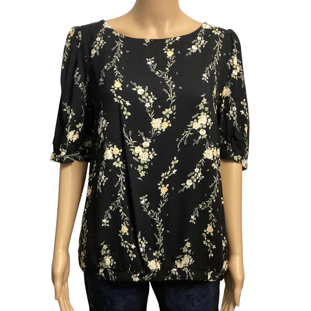 C&C California Black Floral Blouse Puff Button Sleeve Elastic Hem size M
